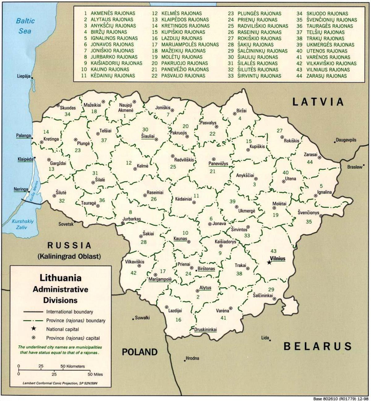 Kart over kart Litauen med byer